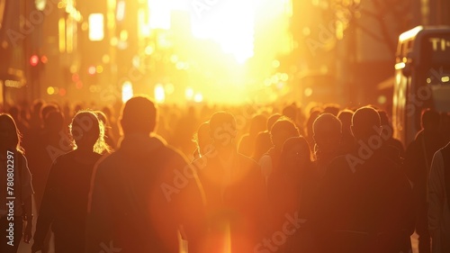 Silhouetted Commuters and Pedestrians in a Glowing Urban Cityscape at Dusk