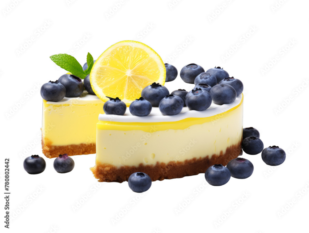 Blueberry Lemon Cheesecake isolated on transparent png background. Generative ai Blueberry Lemon Cheesecake isolated on transparent png background. Generative ai