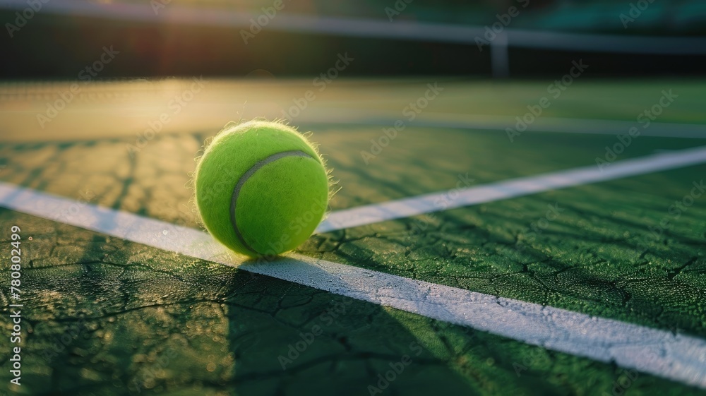 Tennis Ball Resting on Sports Court with Green Grassy Surface and Bright Sunlight