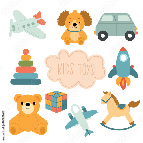 Quadro su tela Cartoon colorful kids toys set on white background including horse, rocket, plan