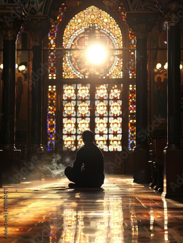 Solitary worshipper meditating in a grand cathedral illuminated by radiant stained glass windows,creating a transcendent and spiritually uplifting