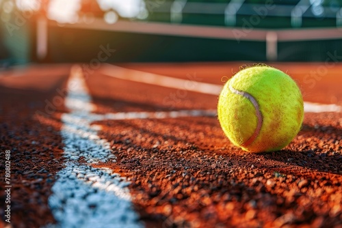 Tennis Ball on a Professional Clay Tennis Court with Racket for Outdoor Sport Game and Competition © Mickey