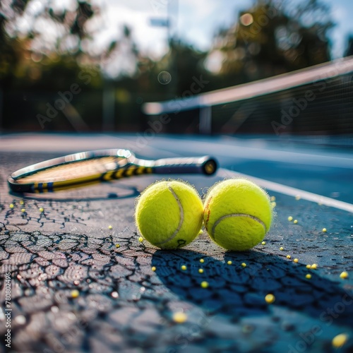 Tennis Ball and Racket on Outdoor Court Surface with Netting © Mickey