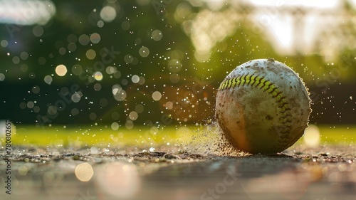 Wet baseball on dirt field in sunny outdoor setting
