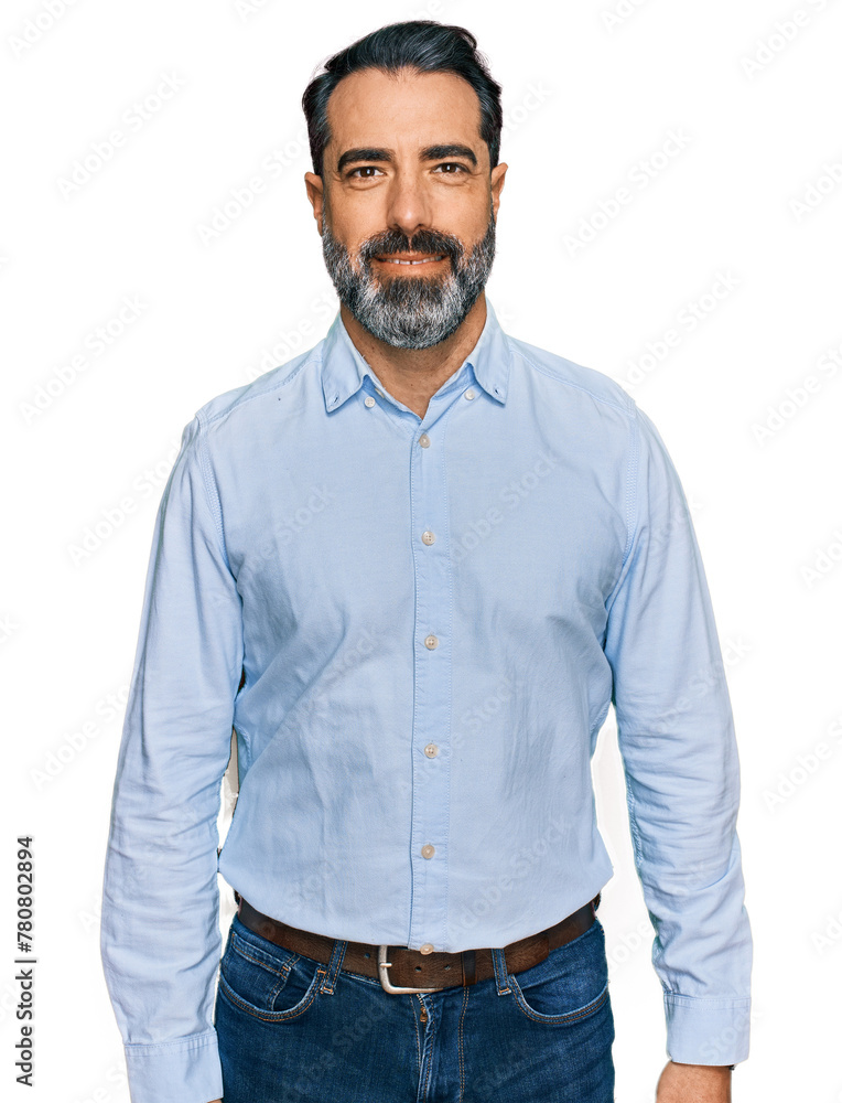 Middle aged man with beard wearing business shirt with a happy and cool smile on face. lucky person. Middle aged man with beard wearing business shirt with a happy and cool smile on face. lucky person.
