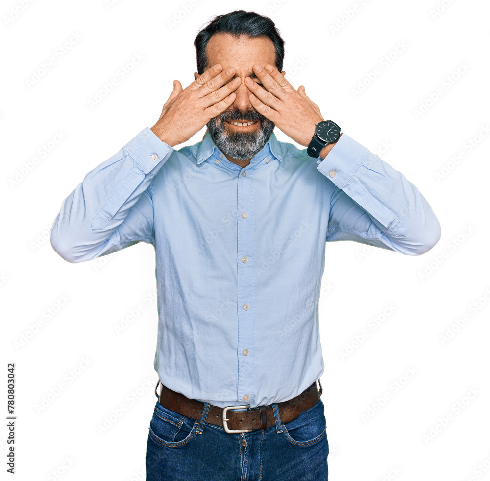 Φωτογραφία Middle aged man with beard wearing business shirt covering eyes with hands smiling cheerful and funny