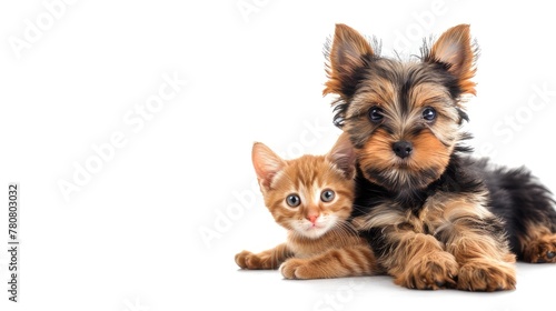 Banner design featuring a Yorkshire terrier puppy and adorable red cat against a white backdrop, evoking warmth and friendship. Ideal for pet-related businesses and animal lovers.