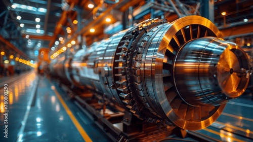 The rotating blades of the electric turbine in an industrial factory, with its metallic exterior 
 photo