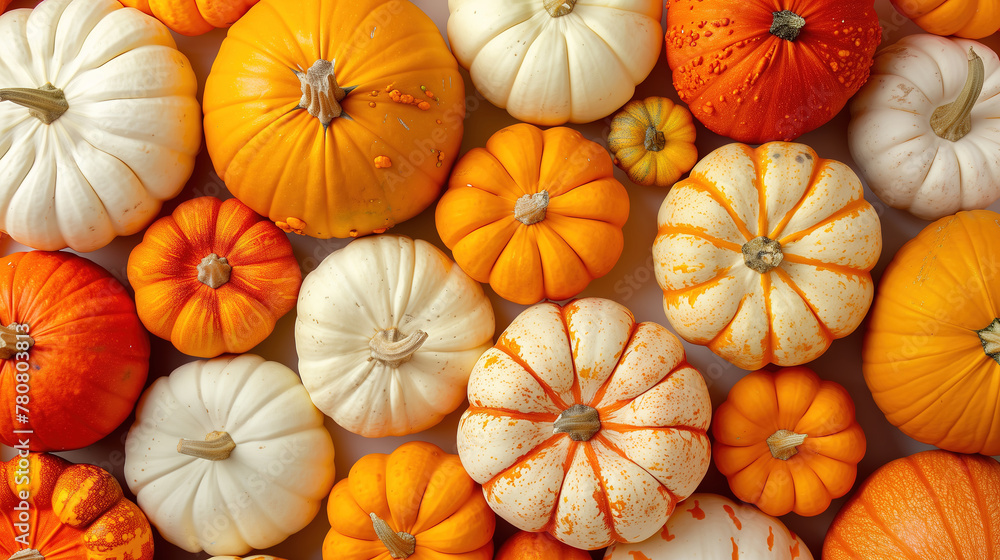 A collection of vibrant orange and white pumpkins patterned background with autumn, colorful pumpkins banner A collection of vibrant orange and white pumpkins patterned background with autumn, colorful pumpkins banner
