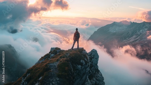 Epic picture of a hiker on the peak of a mountain looking at the horizon. photo
