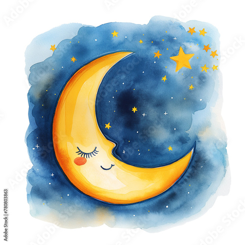 Cute yellow half moon sleeping at night sky with stars watercolor painting style photo