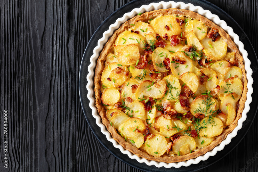 Irish potato pie with bacon in baking dish Irish potato pie with bacon in baking dish