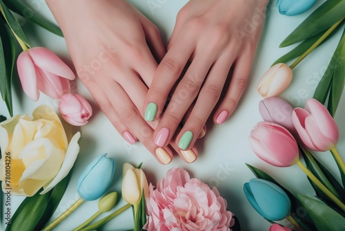 Women's hands with beautiful nails in pastel colors. Women's hands with fashionable nail polish manicure on background with spring flowers