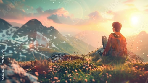illustration of a boy sitting in a meadow looking at the landscape.