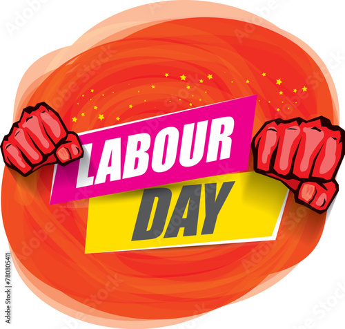 1 may Happy labour day vector label with strong protest fist in the air on vintage red watercolor stricket background. vector happy labor day background or banner with man hand. workers may day poster
