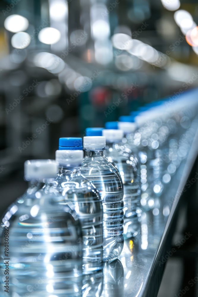 cristal water bottles on a conveyor belt in a food production line at a factory
cristal water bottles on a conveyor belt in a food production line at a factory