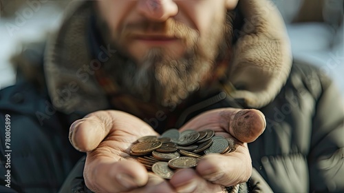 Closeup of a homeless man holding coins outdoors, evoking empathy and highlighting the harsh realities of poverty and social inequality. Ideal for charity campaigns and social advocacy.