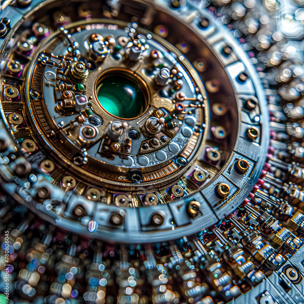 A close up of a clock face with many small gears and a green gem in the center. The clock face is made of metal and has a very intricate design. Scene is one of complexity and precision