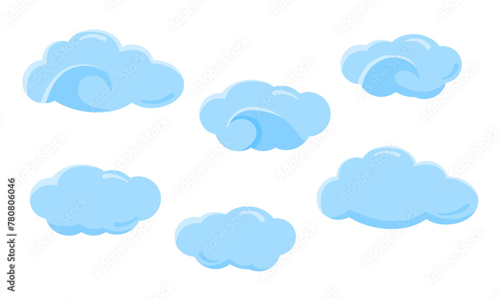 Flat blue clouds. Set of fluffy and curled clouds. Vector illustration