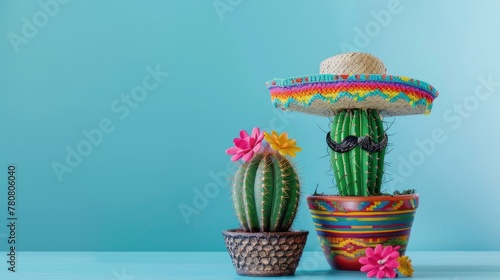 Vibrant Mexican sombrero, cactus with fake mustache, and maracas against a light blue backdrop, exuding festive cheer and cultural celebration.