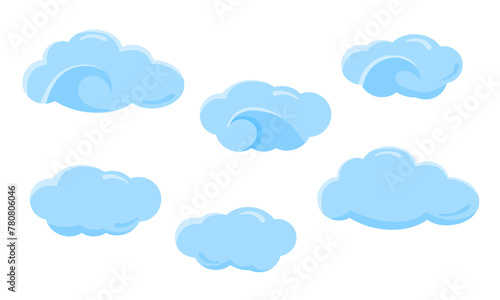 Flat blue clouds. Set of fluffy and curled clouds. Vector illustration