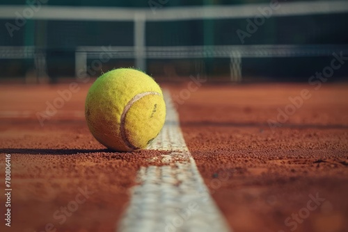 Yellow Tennis Ball on a Red Clay Court Ready for an Intense Sports Game or Tournament © Mickey