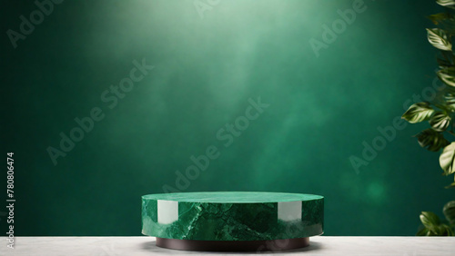minimal single round emerald gemstone podium on the dark green background for product display.
