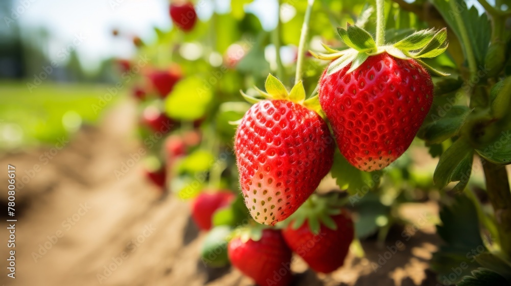 Fresh ripe strawberries on green plants in a field Fresh ripe strawberries on green plants in a field