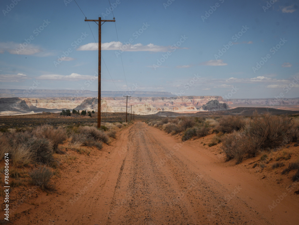 Wide view of Powerline road through red desert landscape in Page Arizona