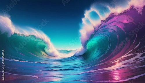 A stunning digital artwork of two enormous, surreal waves converging under a vibrant sunset sky, evoking a sense of majestic natural power. © video rost