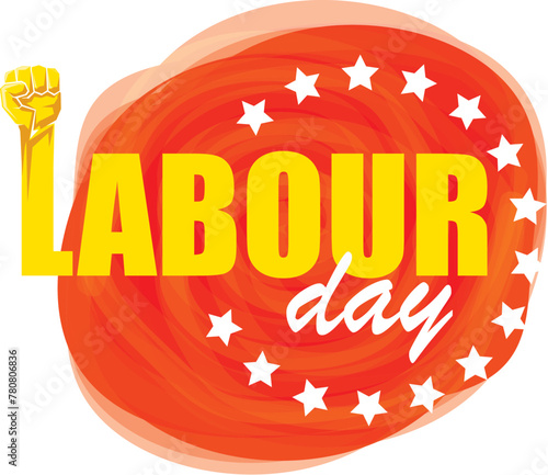 1 may Happy labour day vector label with strong protest fist in the air on vintage red watercolor stricket background. vector happy labor day background or banner with man hand. workers may day poster