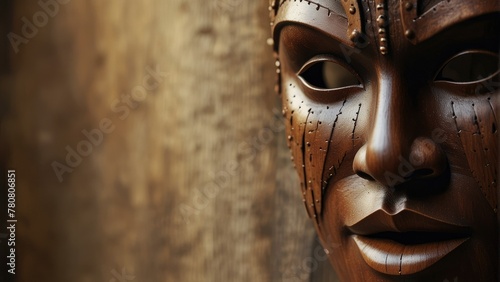Mystic Mask Beautiful Wooden Art with Soft Illumination and Blurred Background