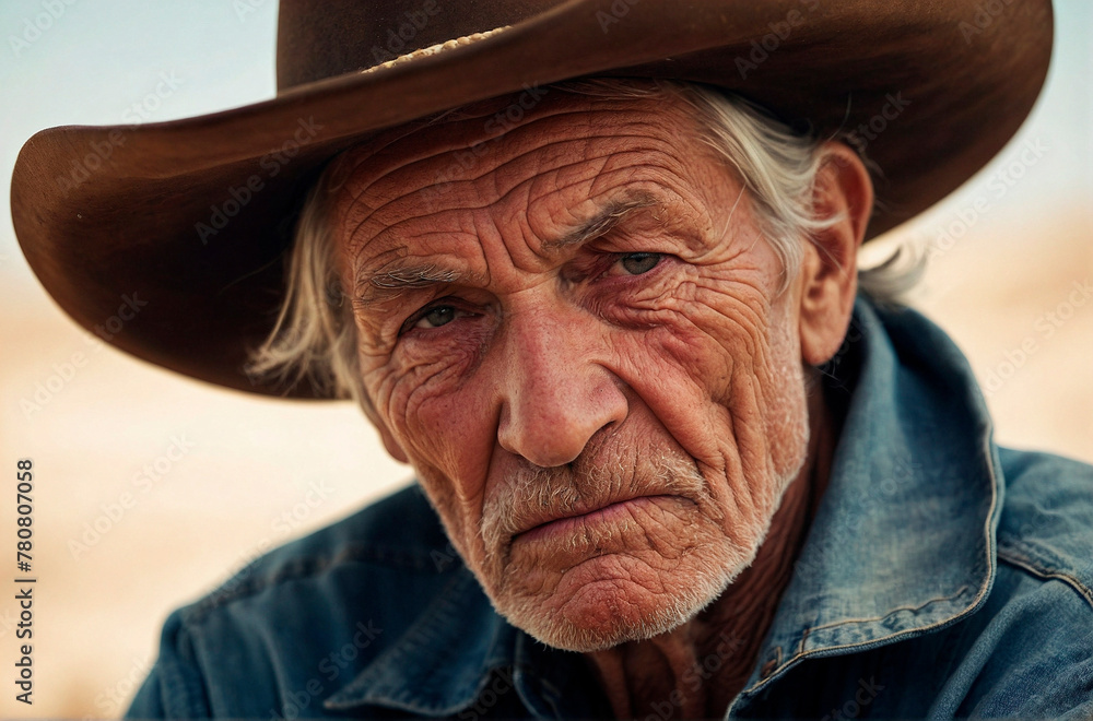 Cowboy Portrait. Old and Wise Man with Penetrating Gaze and Cowboy Hat Cowboy Portrait. Old and Wise Man with Penetrating Gaze and Cowboy Hat