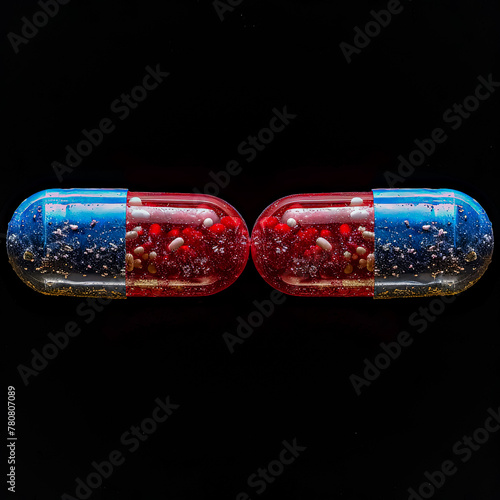 Two pills are shown side by side, one blue and one red. The pills are in a clear container, and the image has a moody, mysterious feel to it