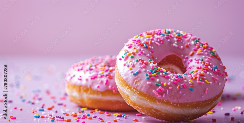 Two pink donuts with sprinkles on pink background Two pink donuts with sprinkles on pink background