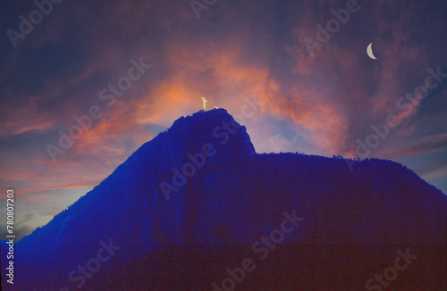 Aerial View of Corcovado Mountain at sunset and the Monument of the Christ the Redeemer. Rio de Janeiro City. Brazil, 2020