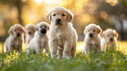 Group of puppies sitting in grass photo