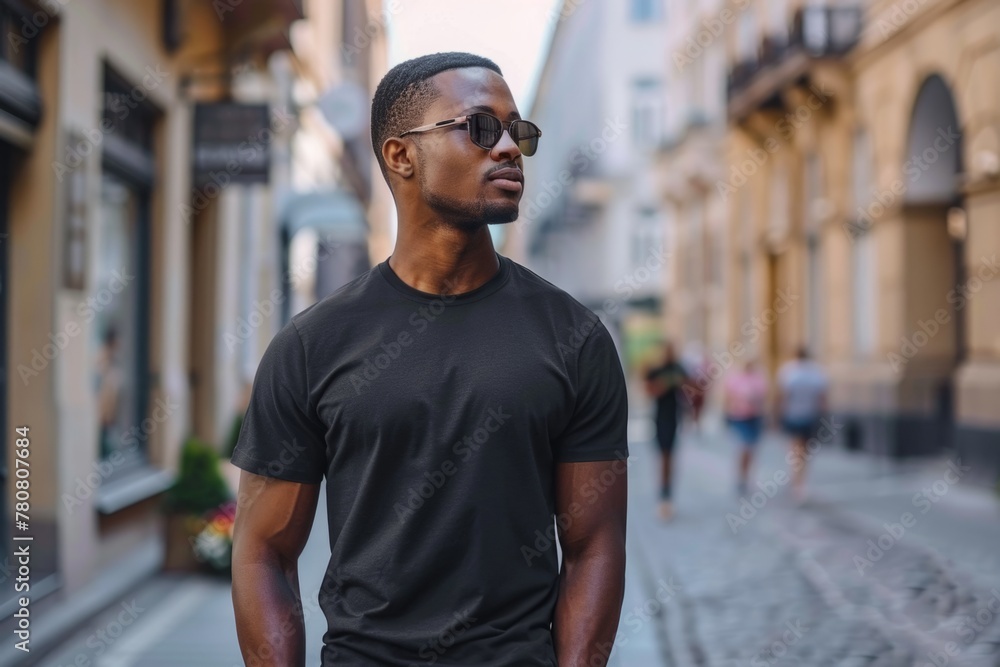 Person model wearing black mockup tshirt shirt simple background promotion advertisement ad streetwear style fashion dropshipping print empty dark clothing clothes