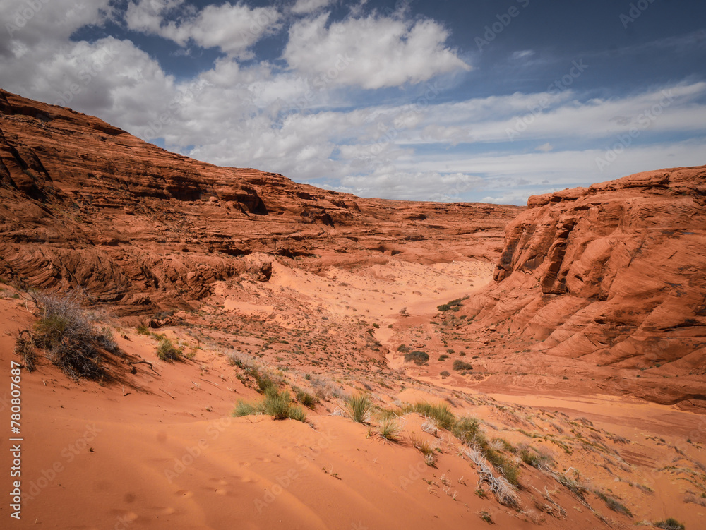 Red desert landscape near Page Arizona with mesas and bluffs and red sandstone canyon walls