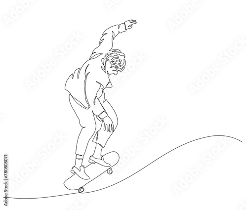 Man jumping with skateboard. Continuous line drawing. Black and white vector illustration in line art style.