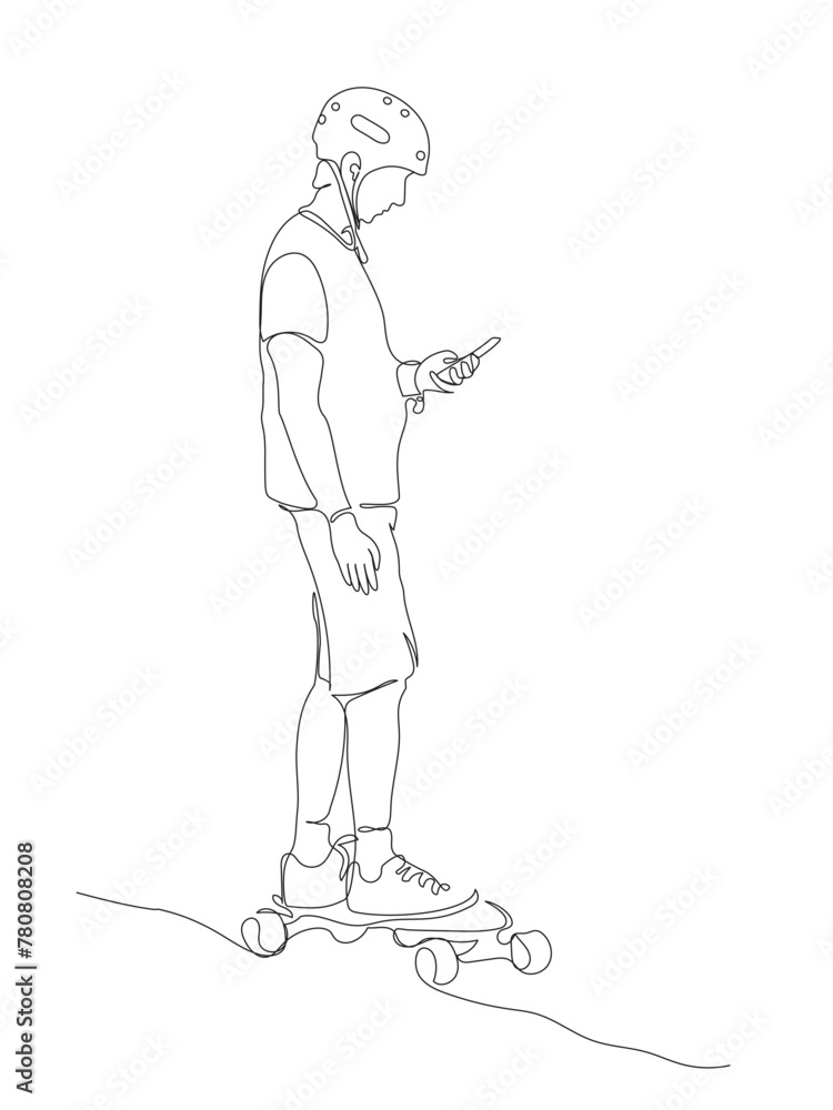 Man in helmet riding skateboard and using phone on the go. Black and white vector illustration in line art style.