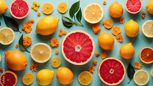 Background of citrus fruits and yellow small flowers on a baby blue backdrop, natural colors