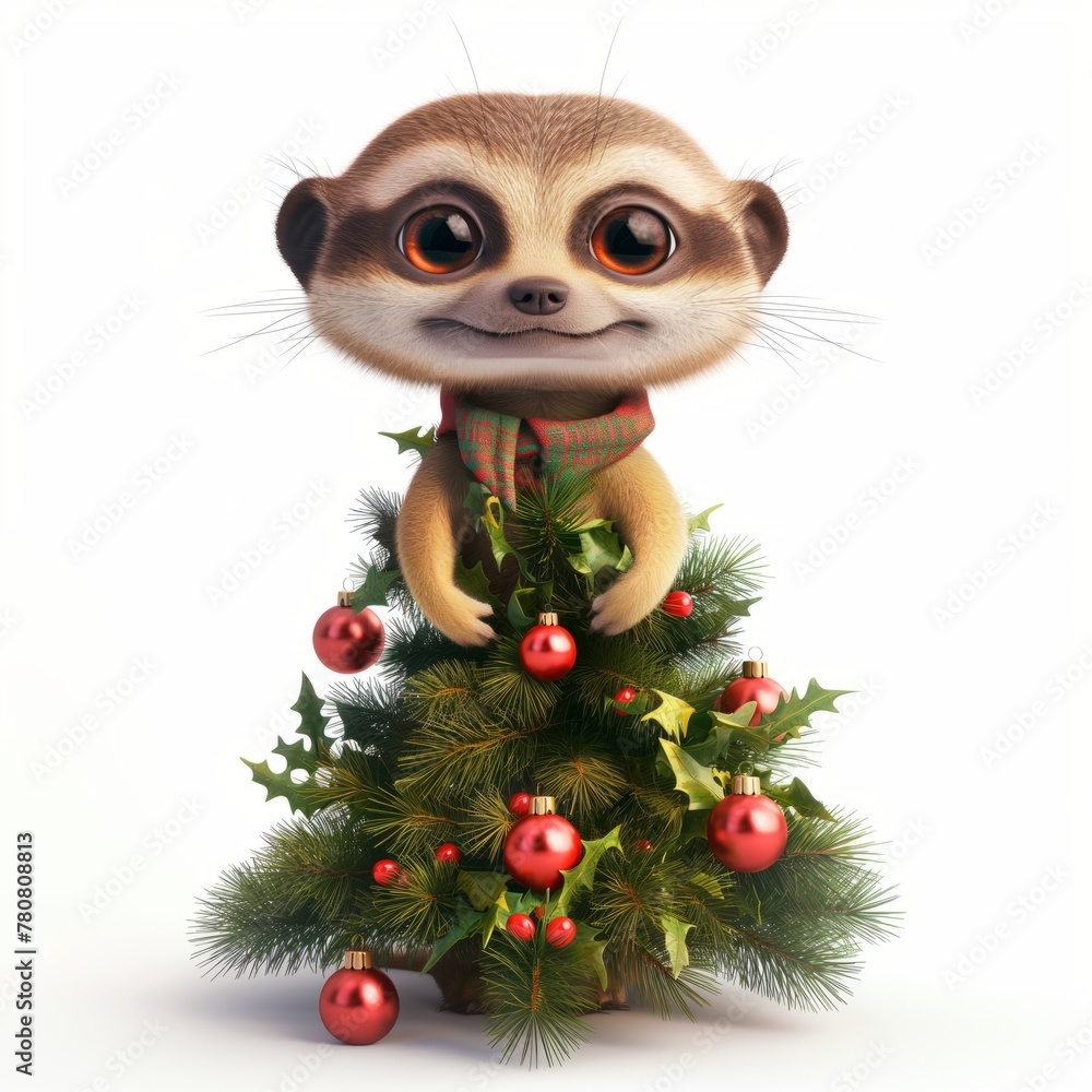 Cute meerkat in a Christmas tree costume, cartoon-style animal illustration. Cute meerkat in a Christmas tree costume, cartoon-style animal illustration.