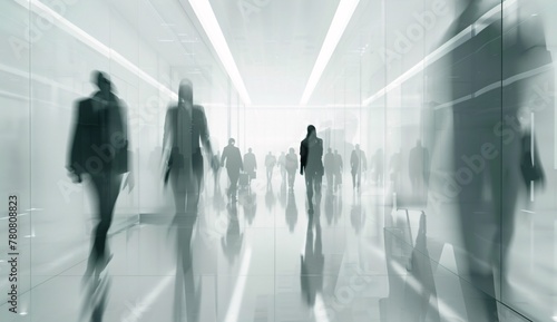 a group of people walking in a hallway