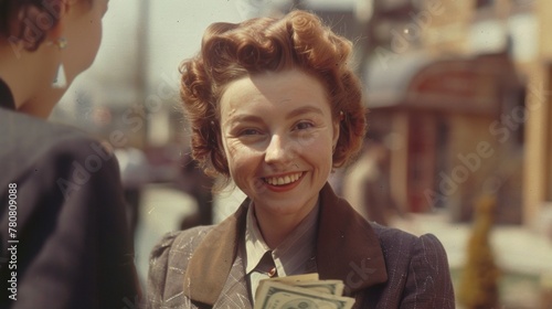 vintage color photograph of a conservative smiling woman with auburn hair collecting money photo