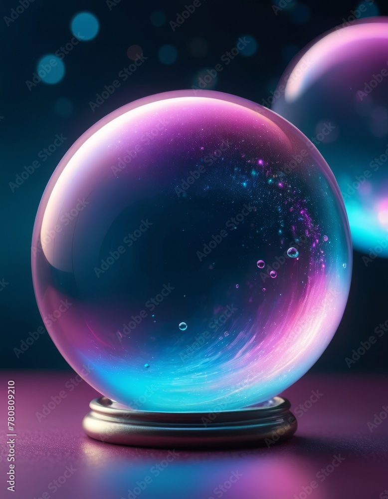 A luminous orb with swirling cosmic colors on a dark background, creating a mystical and enchanting atmosphere.
