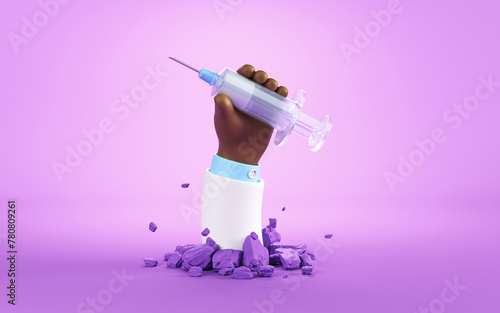 3D rendering, funny cartoon doctor character, flexible black hand with syringe, clipart isolated on white background. Virus vaccine metaphor