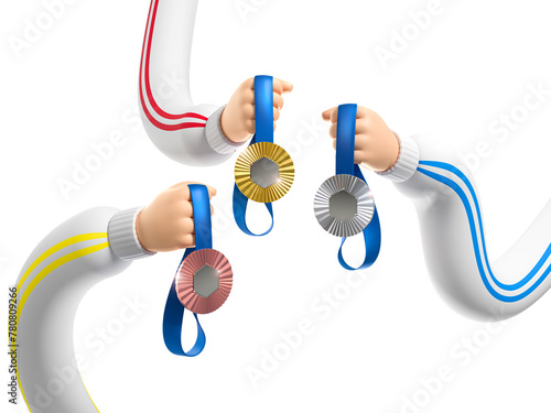 3d render, funny cartoon characters flexible hands with medal, clipart isolated on white background. Sport metaphor and winner