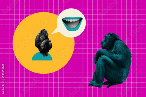 Composite photo collage of funny monkey chimp sit text box bubble communication talk dialogue speech isolated on painted background