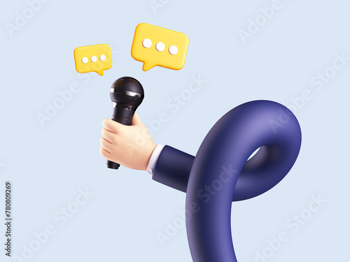 3d render, funny cartoon character flexible hand with microphone, clipart isolated on white background. Journalist metaphor and interviewing